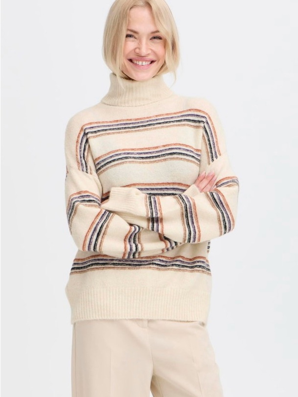 Cream Striped Turtleneck Sweater - Women's Soft Knit